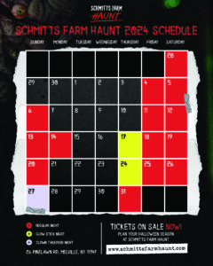 Calendar 2024 showing the dates Schmitt's Farm Haunt will be open and special events.